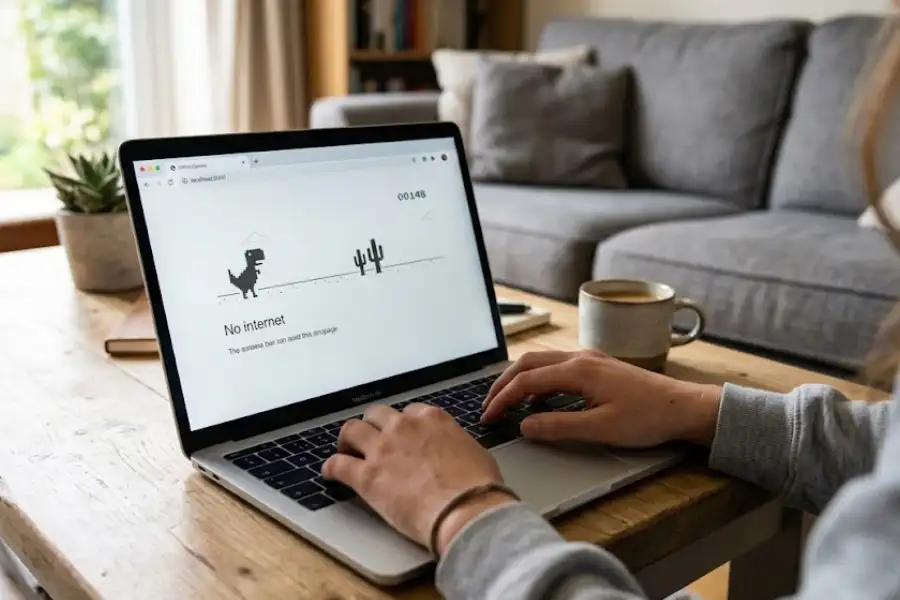 A person's hands on a laptop keyboard playing the Google Chrome offline dinosaur software egg game, with the pixelated dinosaur jumping over a cactus on screen