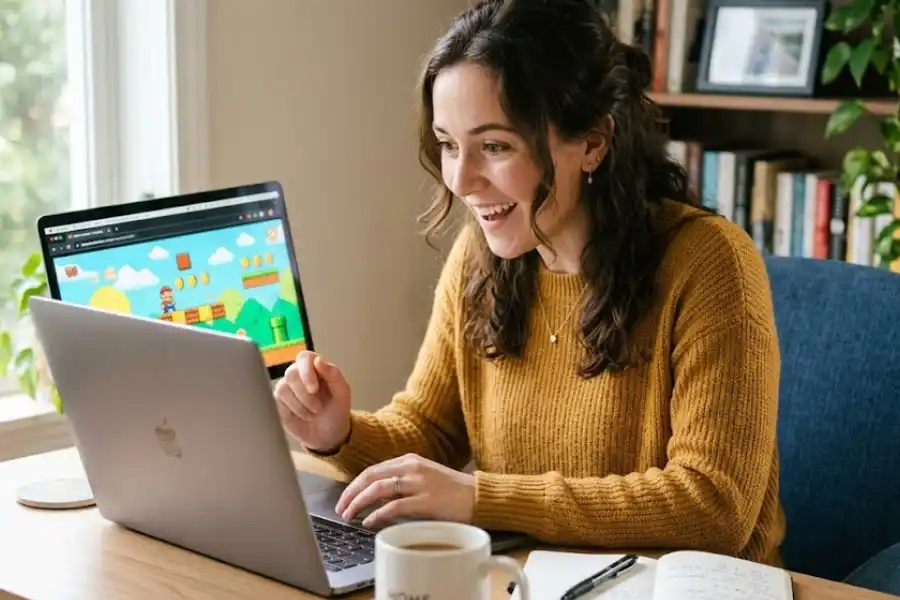 A person sitting at a laptop with a surprised and happy expression after finding a hidden software egg on their screen