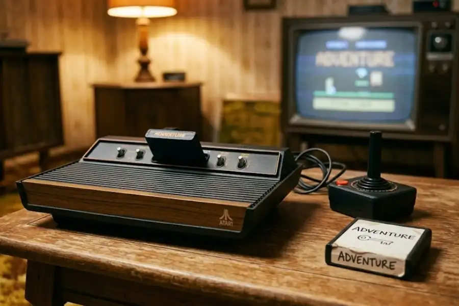 A vintage Atari 2600 game console with the Adventure cartridge beside it, representing the origin of the first software egg in 1979
