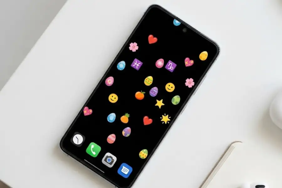 Android phone home screen showing a custom wallpaper made from Android 13 easter egg emojis on a black background