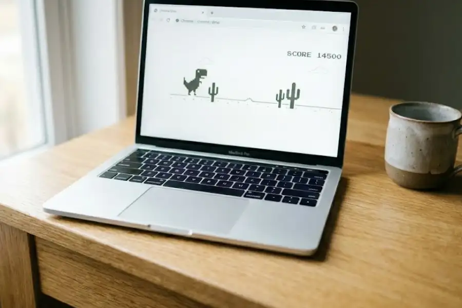 Chrome Dino Game Cheats: Invincibility, Speed Hack & High Score (2026) 25 Chrome Dino Game running on a laptop screen showing the T-Rex dinosaur jumping over cactuses