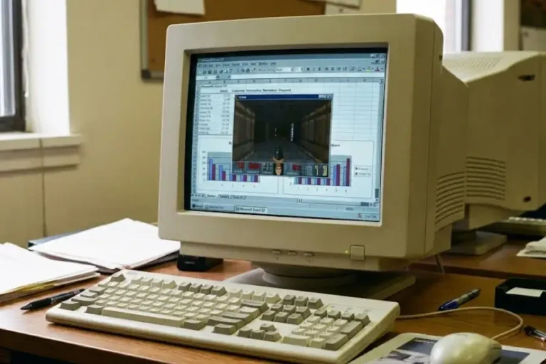 Excel Hidden Game: Every Secret Game Microsoft Put Inside Excel (With Steps) 8 Close-up of a Microsoft Excel spreadsheet on a desktop monitor with a retro 3D game visible in a pop-up window on screen