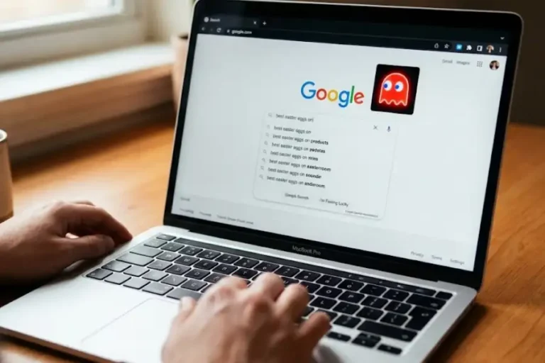 Google search bar showing hidden Easter egg tricks and games on a computer screen