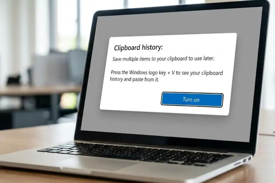 The Windows Clipboard Trick: How to Copy Multiple Items at Once (2026) 2 Windows Key + V keyboard shortcut popup asking to turn on Clipboard History