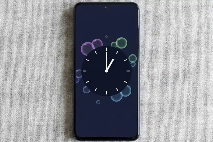 Android phone screen showing the Easter egg clock set to 1:00 PM with colorful bubbles appearing in the background