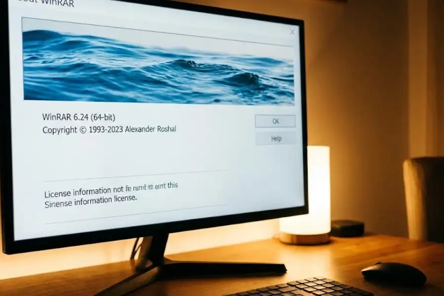 WinRAR Hidden Easter Egg: How to Find the Secret Waves, Sailboat, and Falling Books 2 WinRAR About window showing animated ocean waves in the banner after clicking