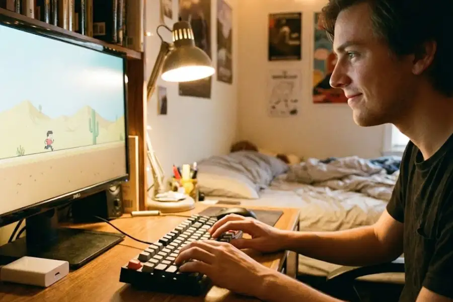 Person playing the Chrome Dino Game on a computer with their hands on the keyboard focused on the screen
