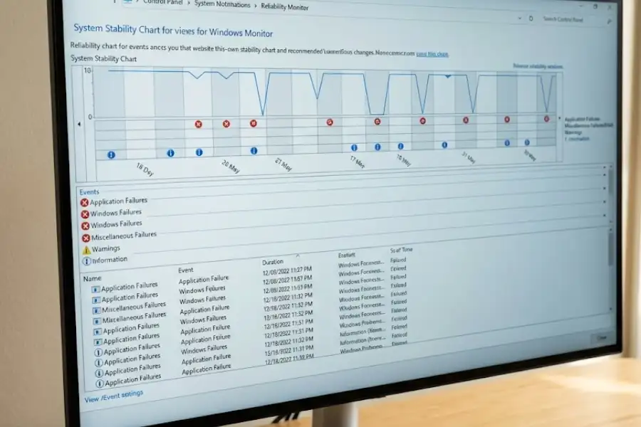 Reliability Monitor screen showing the stability chart with blue line graph and event categories below it