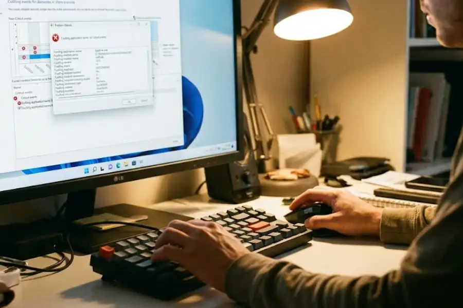 Person checking error details in Reliability Monitor after a PC crash on Windows