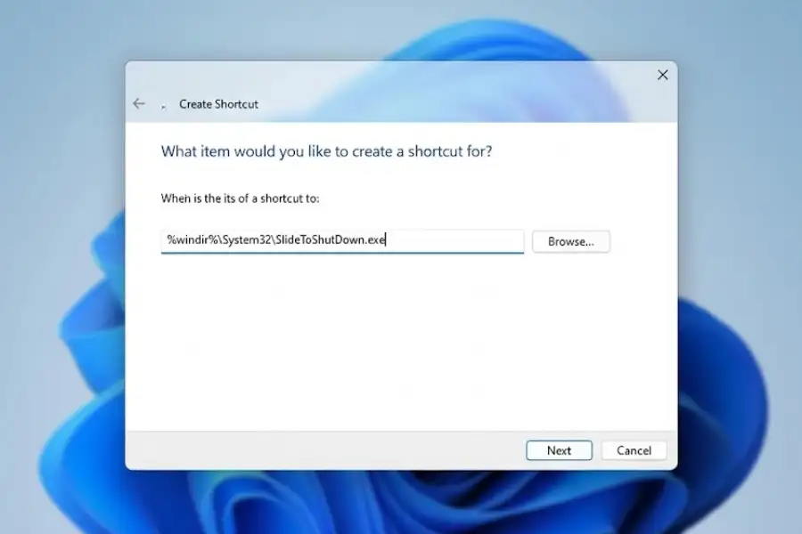 Slide to Shutdown Windows 11: 3 Easy Ways to Turn Off Your PC 3 Create Shortcut wizard in Windows 11 showing the location field with SlideToShutDown.exe path