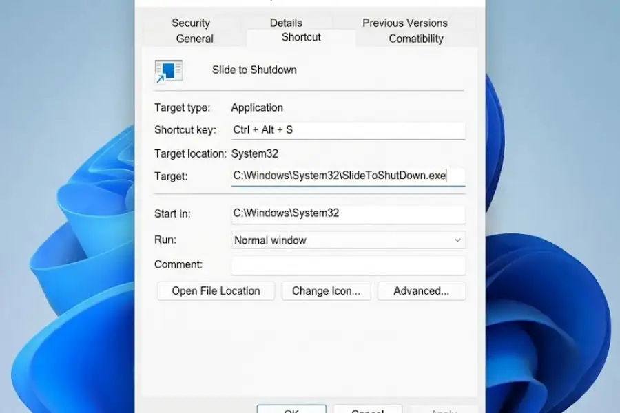 Slide to Shutdown Windows 11: 3 Easy Ways to Turn Off Your PC 4 Shortcut Properties window in Windows 11 showing the Shortcut key field with Ctrl Alt S assigned