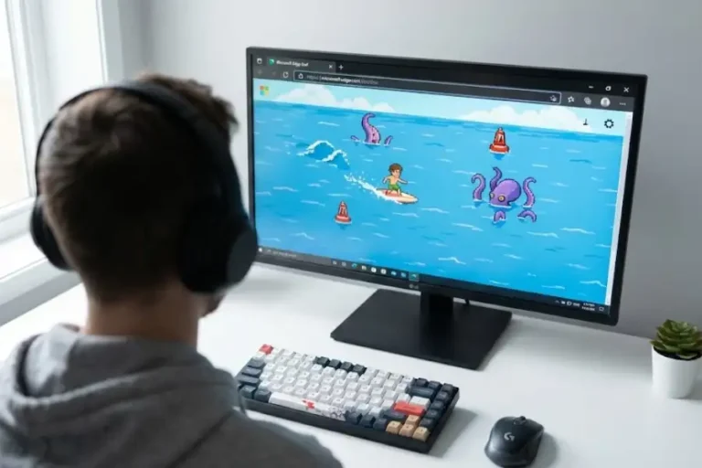 Microsoft Edge Surf Easter Egg: How to Play, All Cheat Codes and Secrets 18 Microsoft Edge surf Easter egg game open on a computer screen showing the surfing gameplay