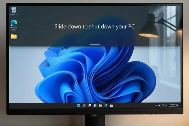 Slide to Shutdown panel appearing on Windows 11 desktop with drag to shutdown message