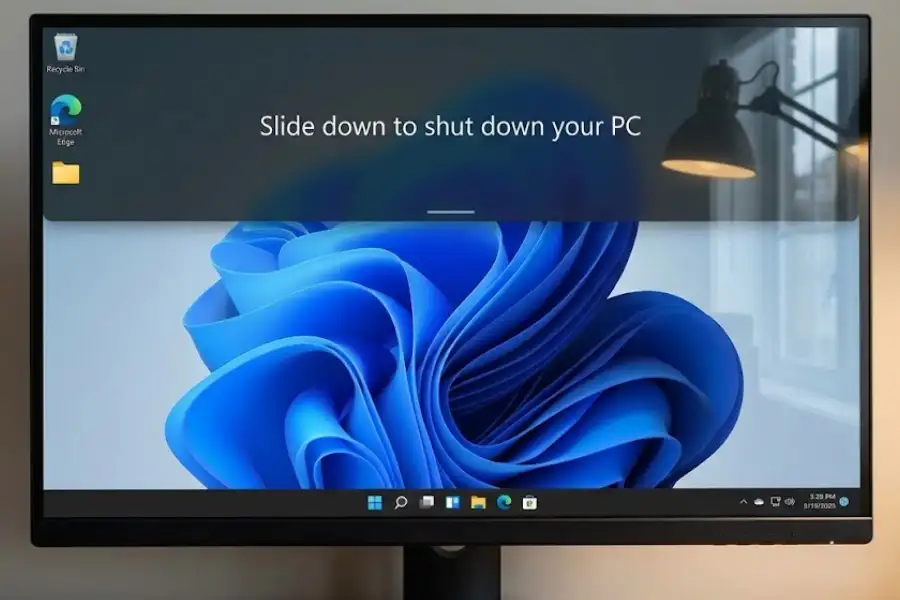 Slide to Shutdown Windows 11: 3 Easy Ways to Turn Off Your PC 31 Slide to Shutdown panel appearing on Windows 11 desktop with drag to shutdown message