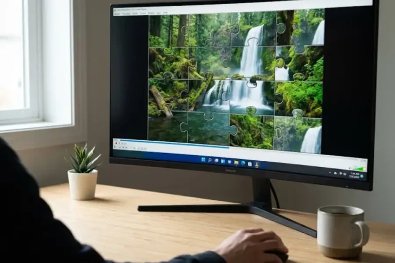 VLC Jigsaw Puzzle Hidden Game: How to Find and Play It (2026) 16 Person working at a desk with VLC Media Player showing a puzzle game version of a nature video.