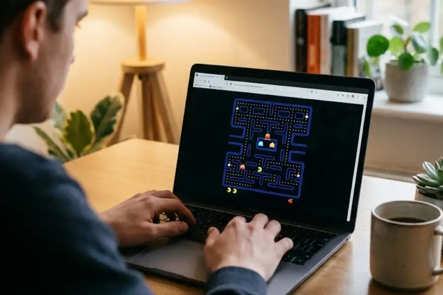 Person playing Pac-Man game directly inside Google search results on a laptop