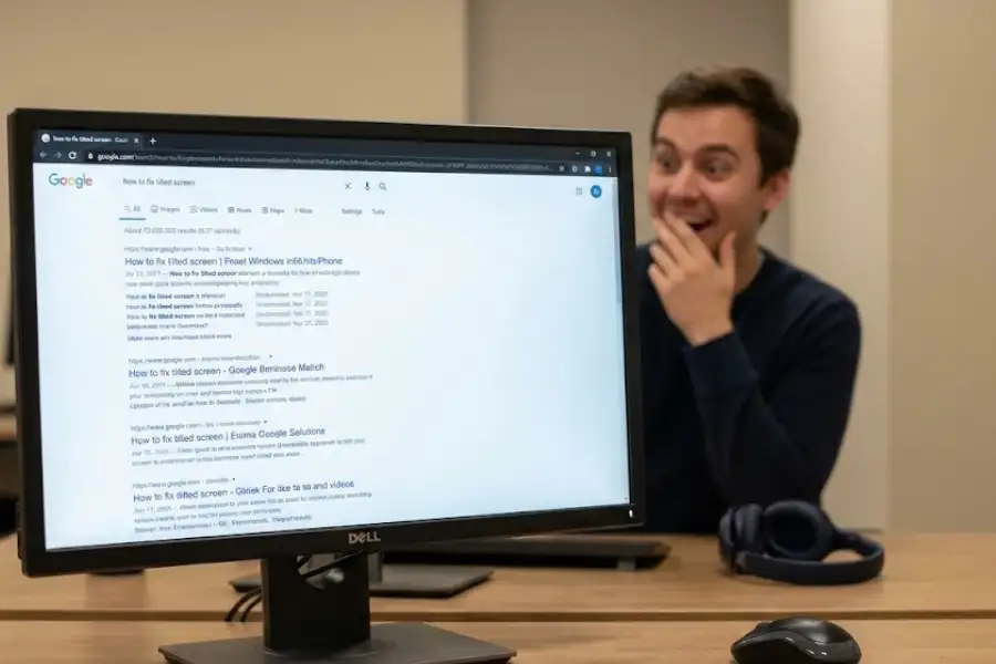  Google search results page tilted sideways showing the askew Easter egg effect