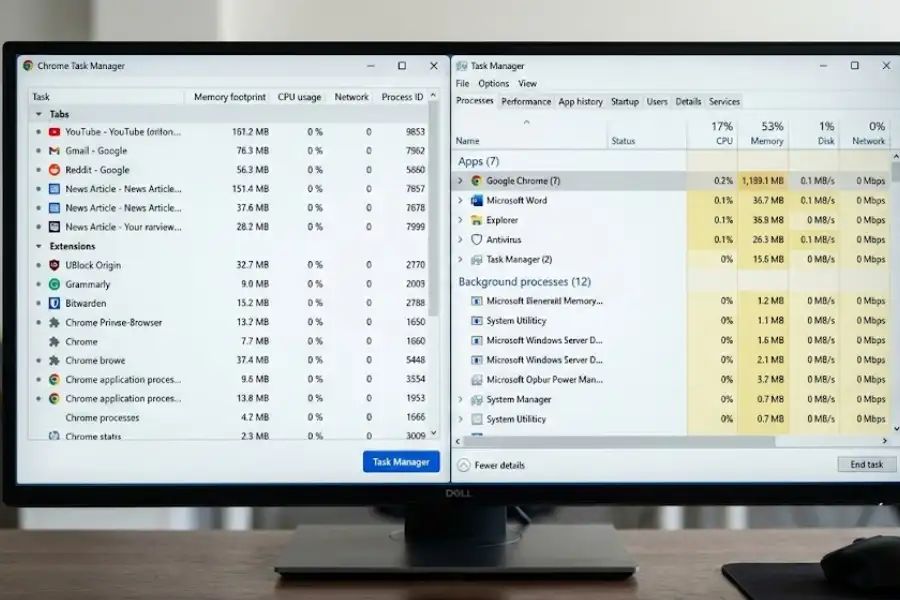 Chrome Task Manager Shortcut: Open It in 2 Seconds (All Devices) 4 Split screen showing Chrome Task Manager on the left and Windows Task Manager on the right side by side