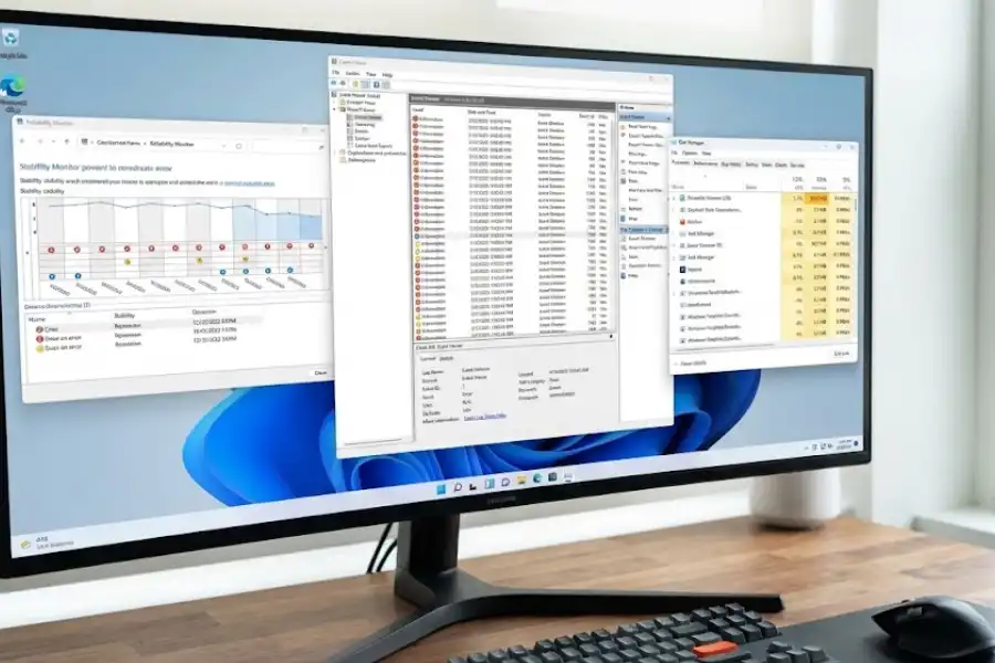 Side-by-side comparison of Reliability Monitor, Event Viewer, and Task Manager windows open on a Windows desktop