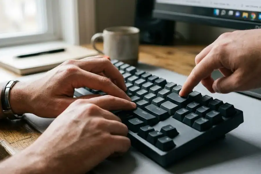 Chrome Task Manager Shortcut: Open It in 2 Seconds (All Devices) 2 Close-up of a person pressing Shift and Esc keys on a keyboard to open Chrome Task Manager