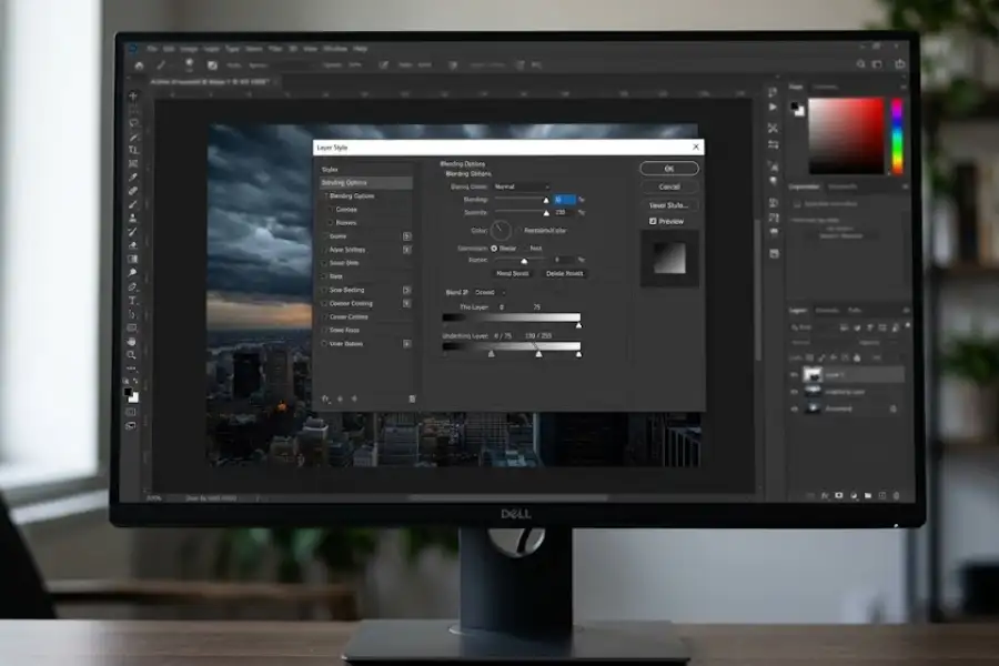 15 Photoshop Hidden Features Most Users Never Find (But Wish They Had Sooner) 2 Photoshop Layer Style dialog box open showing the Blend If sliders at the bottom with a designer's hand adjusting the gradient triangle controls