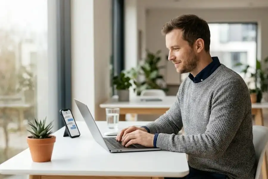 A professional using an AI assistant on a laptop and smartphone simultaneously at a clean modern workspace with soft natural lighting
