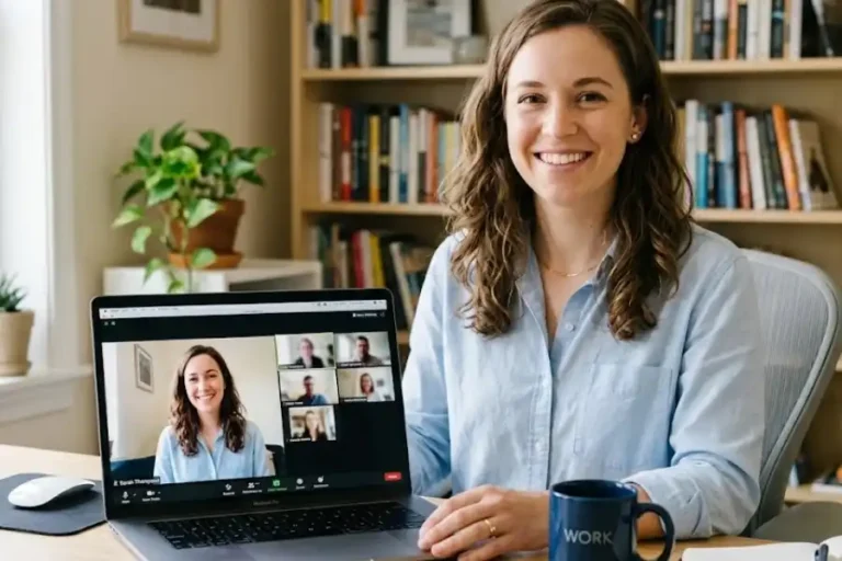 15 Zoom Hidden Features You Have Never Tried (And Should Be Using Right Now) 11 Person using Zoom on a laptop during a professional video call at a clean home office desk