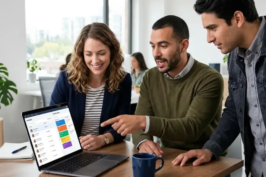 A small sales team gathered around a laptop reviewing HubSpot contact records and pipeline data in a bright modern office