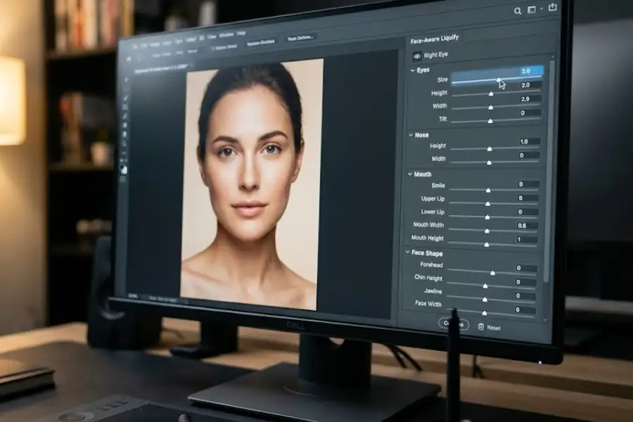 15 Photoshop Hidden Features Most Users Never Find (But Wish They Had Sooner) 3 Adobe Photoshop Liquify filter open on a portrait photo with the Face-Aware Liquefy panel visible on the right side showing facial adjustment sliders
