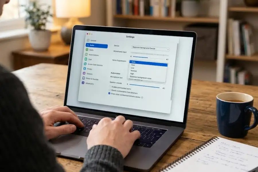 Close-up of Zoom audio and video settings panel open on a laptop screen showing noise suppression and appearance options