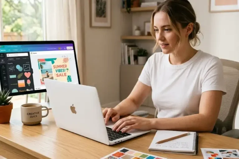 A person sitting at a wooden desk using a laptop with the Canva design editor open on screen, surrounded by a notebook, a coffee mug, and design mood board printouts