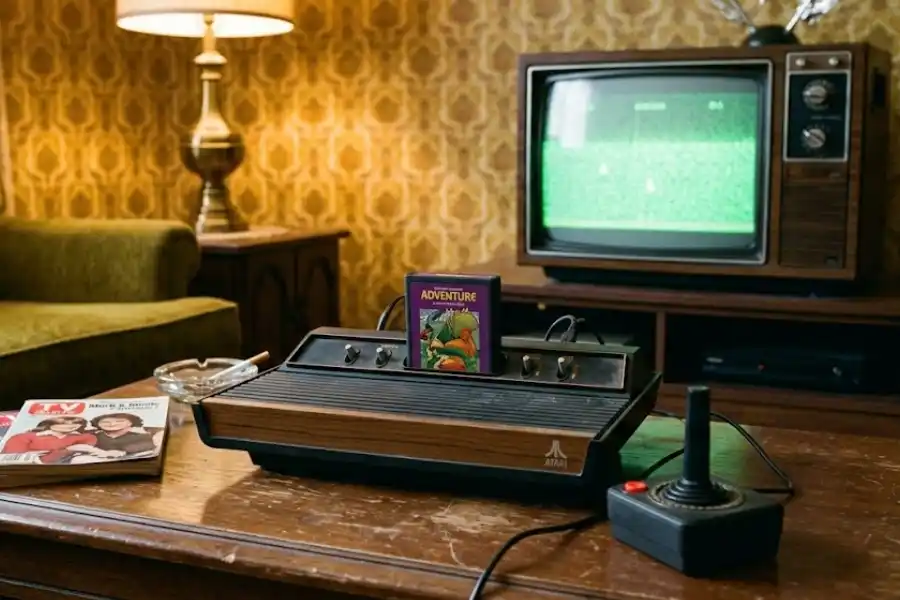 Atari 2600 console with Adventure game cartridge on a wooden surface from the late 1970s