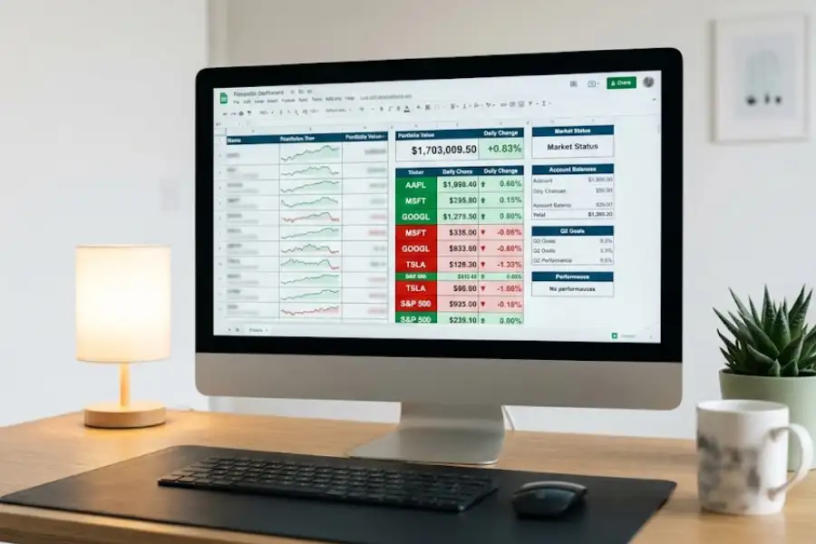 A tidy home office desk with a large monitor displaying a Google Sheets dashboard with live financial data, sparkline charts, and color-coded cells