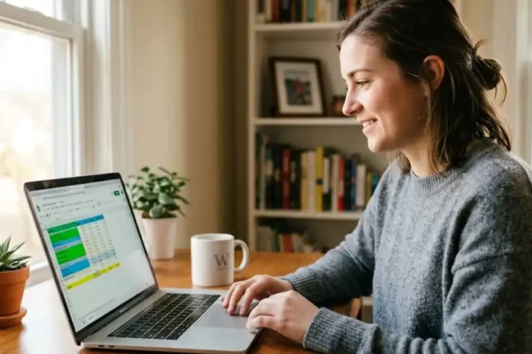 Person working on Google Sheets on a laptop with multiple formulas and colorful data visible on screen