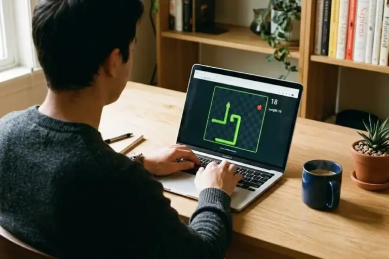 Google Snake Game Easter Eggs: 15+ Secrets You Probably Never Knew 15 Google Snake game being played on a laptop screen showing the snake chasing food on a colorful board