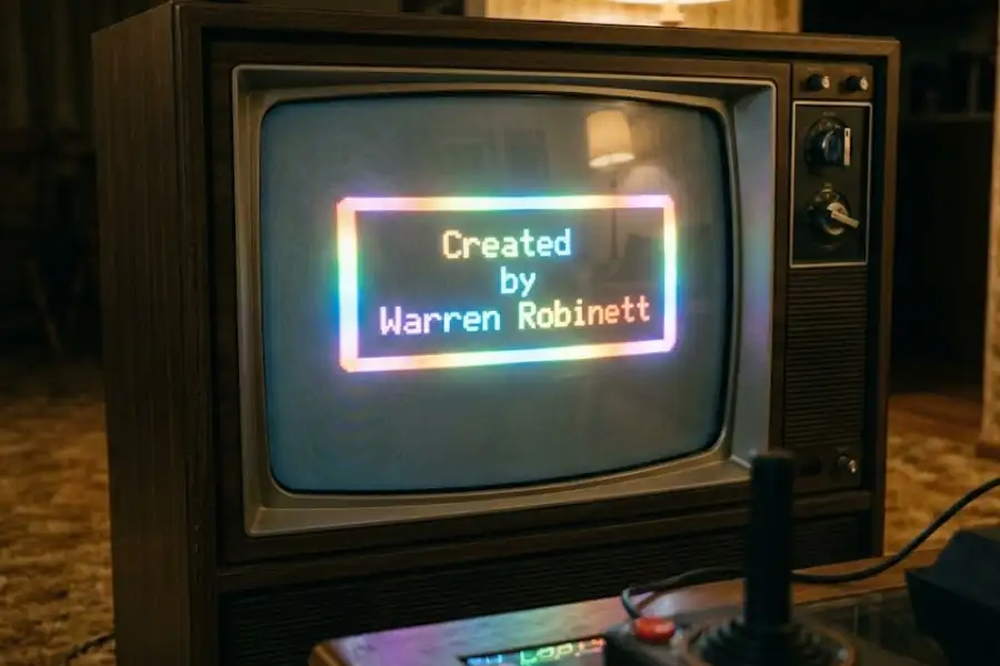 CRT television screen showing the Created by Warren Robinett message from the Atari 2600 game Adventure