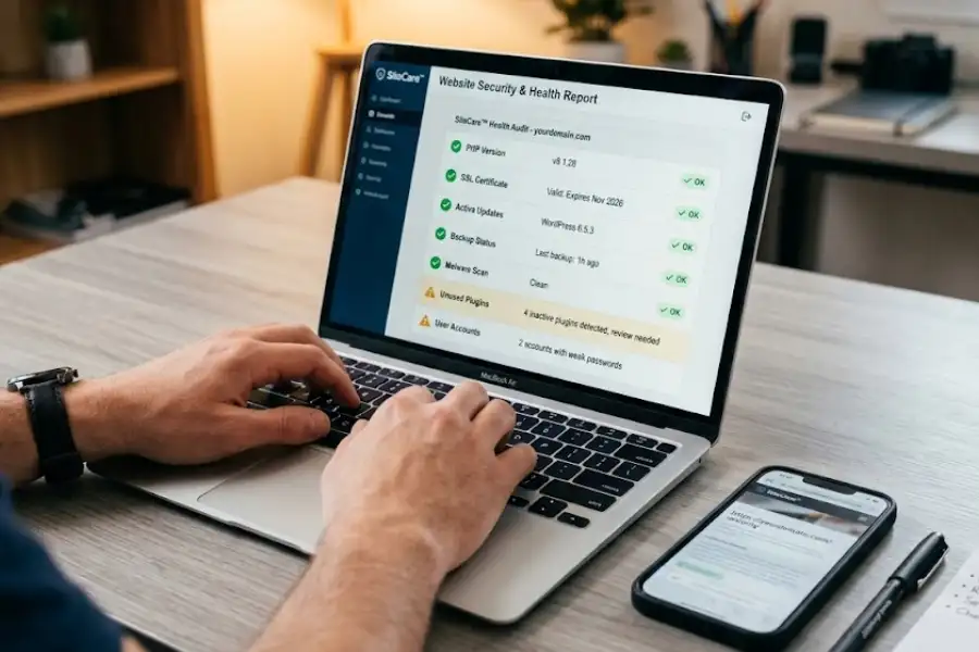 15 WordPress Hidden Features Most Users Never Find (Even After Years of Using It) 3 A person reviewing a website security and health report on a laptop screen with green checkmarks and warning indicators visible in a checklist format