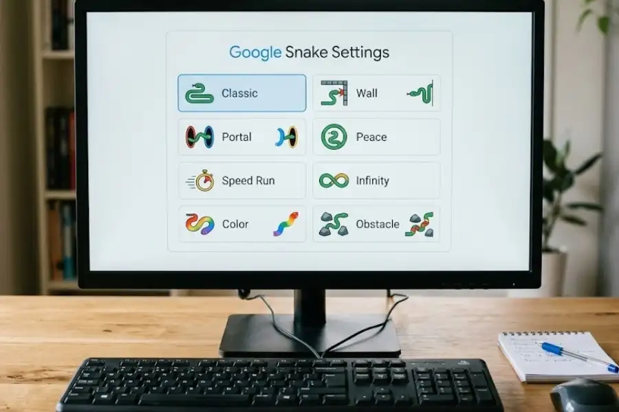 Google Snake Game Easter Eggs: 15+ Secrets You Probably Never Knew 2 Google Snake game settings screen showing different game mode options like Wall Mode Portal Mode and Peace Mode