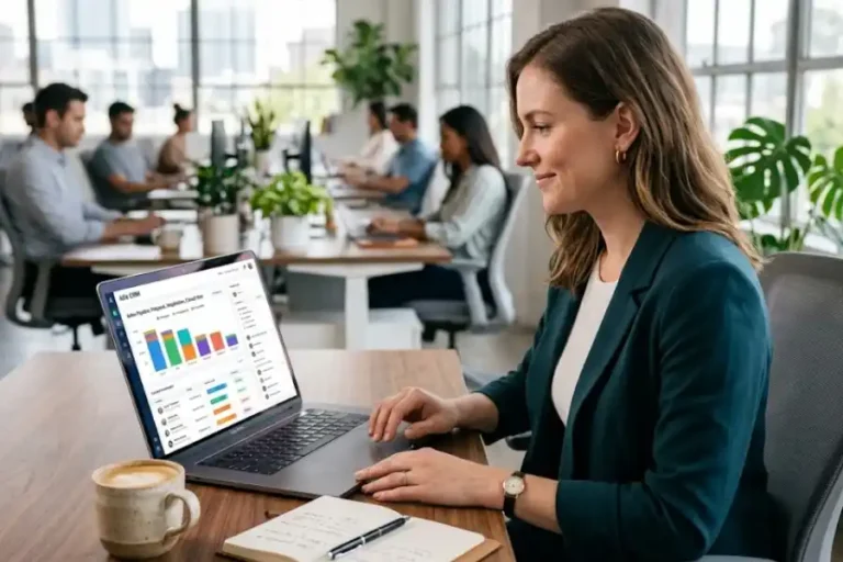 A marketing professional reviewing HubSpot CRM dashboard on a laptop at a modern office desk