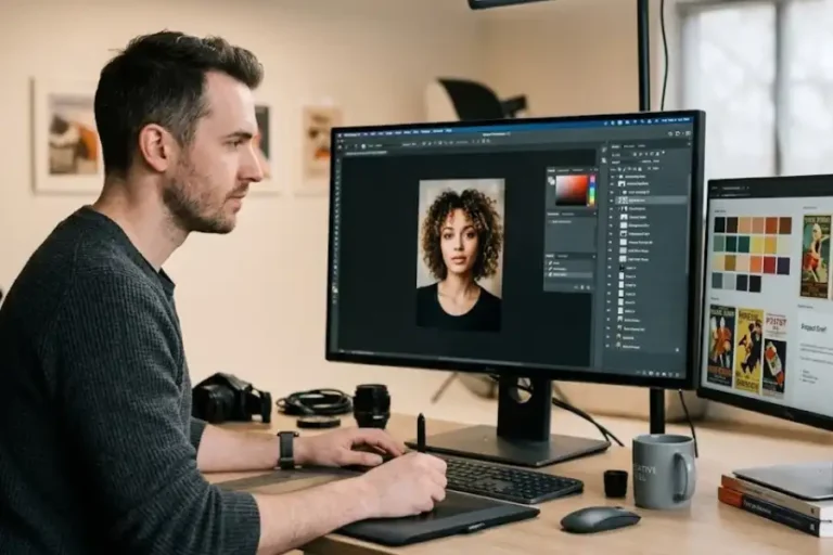15 Photoshop Hidden Features Most Users Never Find (But Wish They Had Sooner) 12 Professional graphic designer working in Adobe Photoshop with multiple panels and layers open on a large monitor