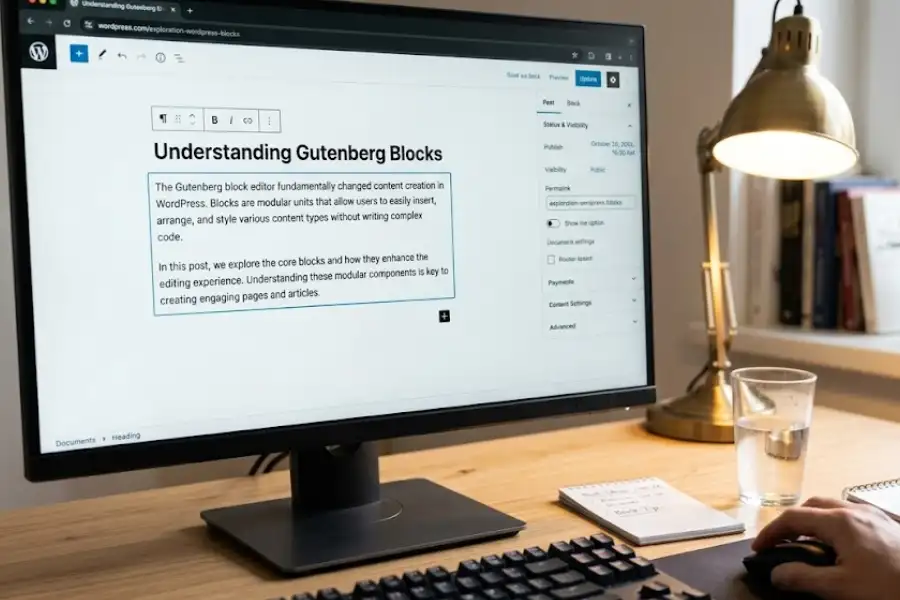 15 WordPress Hidden Features Most Users Never Find (Even After Years of Using It) 2 WordPress block editor open on a desktop monitor screen showing a blog post being written with the publish settings panel visible on the right side