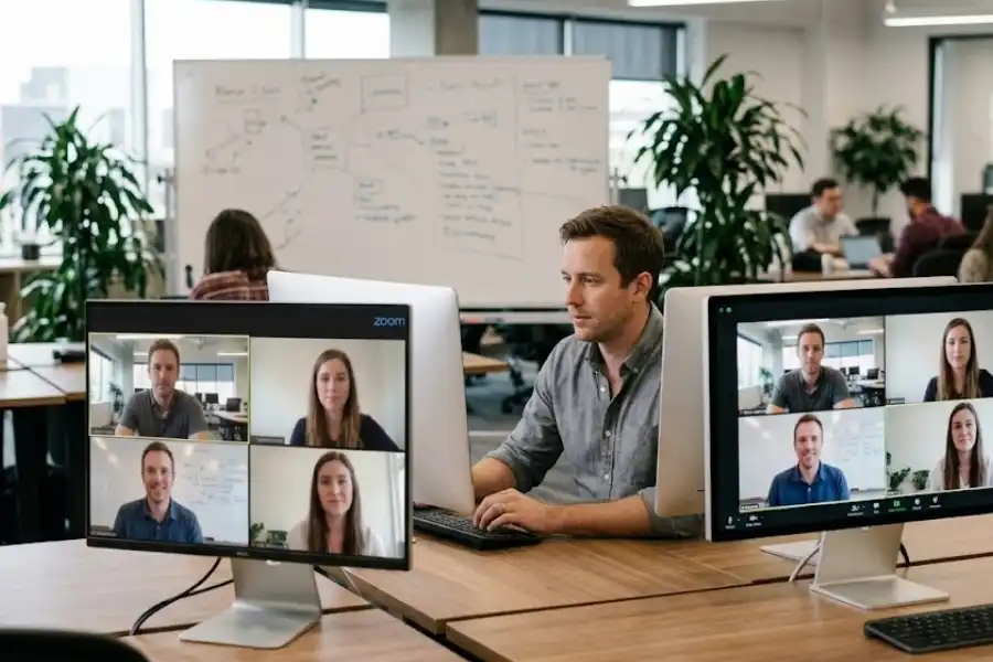 A group of remote team members visible in a Zoom video call grid on a desktop monitor in a tidy modern office space