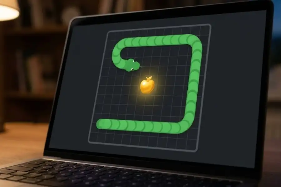 Google Snake Game Easter Eggs: 15+ Secrets You Probably Never Knew 3 Close-up of the Google Snake game board with a rare golden apple appearing next to the snake