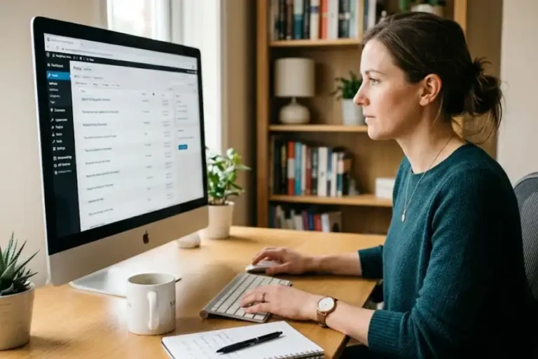 A woman working on a WordPress website at a desktop computer in a bright home office with the WordPress admin dashboard visible on her monitor screen