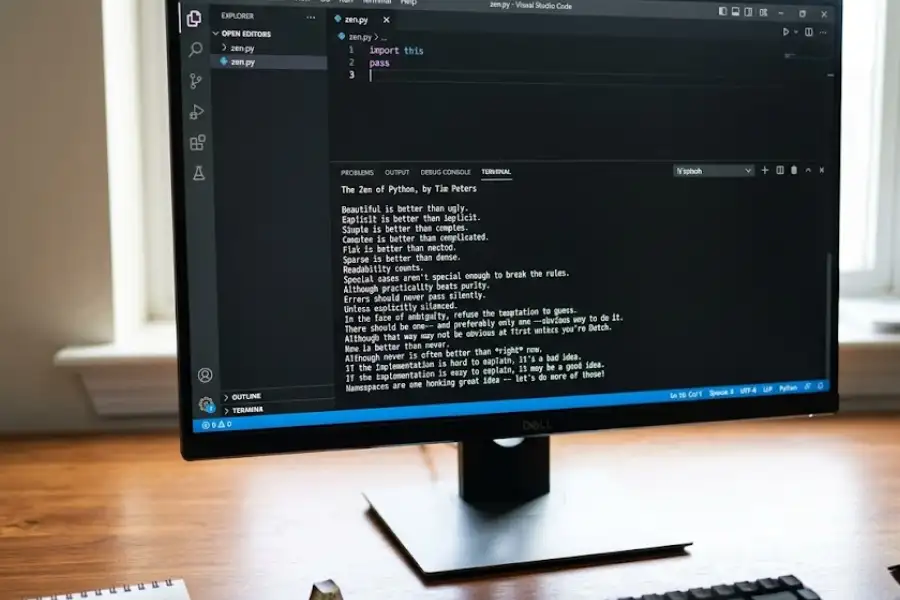 VSCode integrated terminal showing the output of import this command printing The Zen of Python in a dark-themed editor