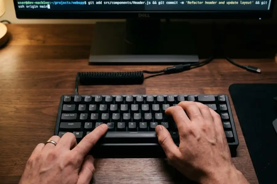 Hands typing keyboard shortcuts on a Linux terminal