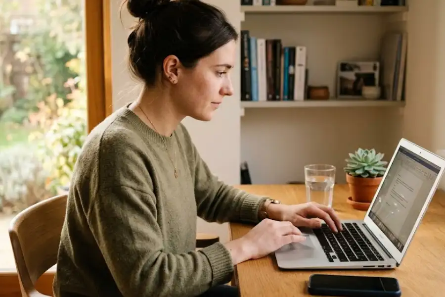 A young professional sitting calmly at a tidy desk, focused on their laptop with no phone notifications in sight, representing distraction-free work