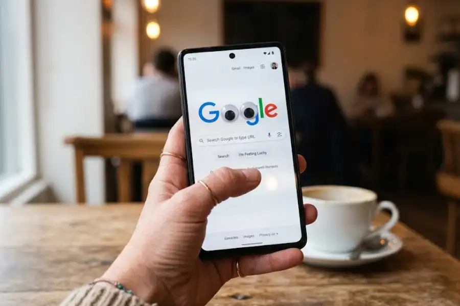 A hand holding a smartphone with the googly eyes Google trick active on the search homepage