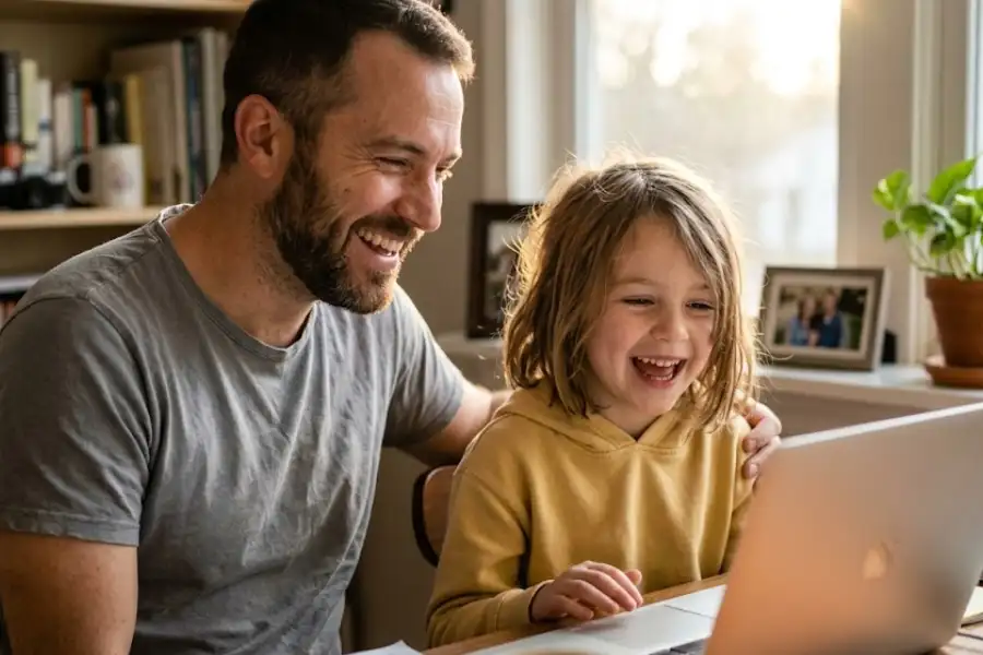 A father and young daughter laughing together while looking at a laptop during the googly eyes Google trick