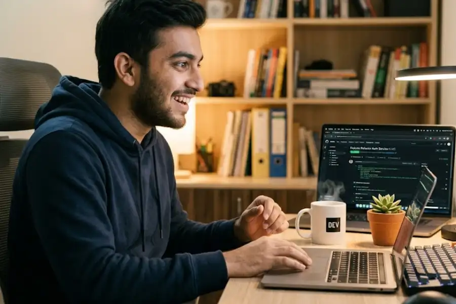 Developer smiling while looking at GitHub Easter eggs on a laptop screen
